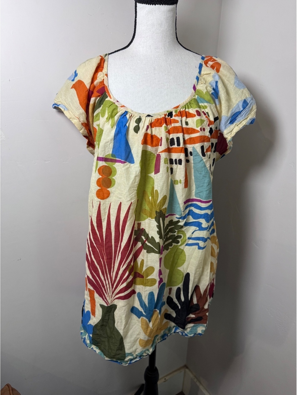 Anthropologie True Destination XS Abstract Tropical Print Puff Sleeve Mini Dress